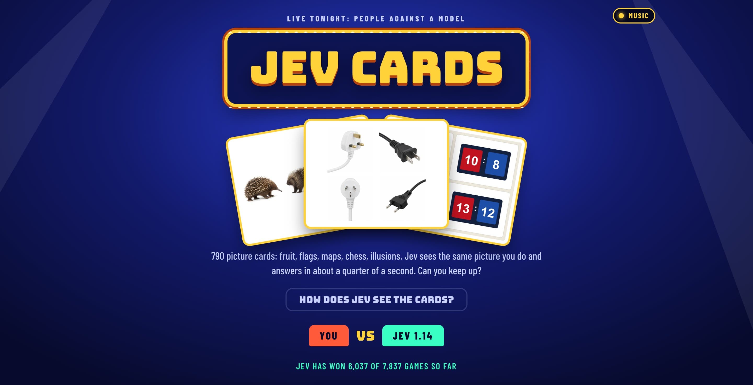 The Jev Cards home page: a game-show title, three picture cards and the line You vs Jev 1.14