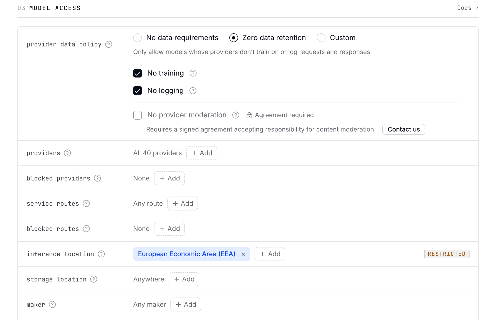 Opper model access settings with the provider data policy set to zero data retention, no training and no logging checked, and inference location restricted to the European Economic Area