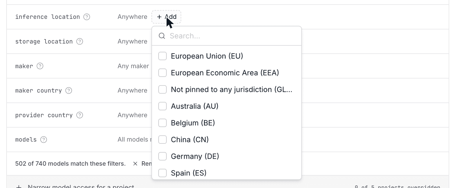 The inference location picker in the Opper Rules page, listing European Union (EU), European Economic Area (EEA), Not pinned to any jurisdiction (GLOBAL), and then individual countries such as Australia, Belgium, China, Germany and Spain