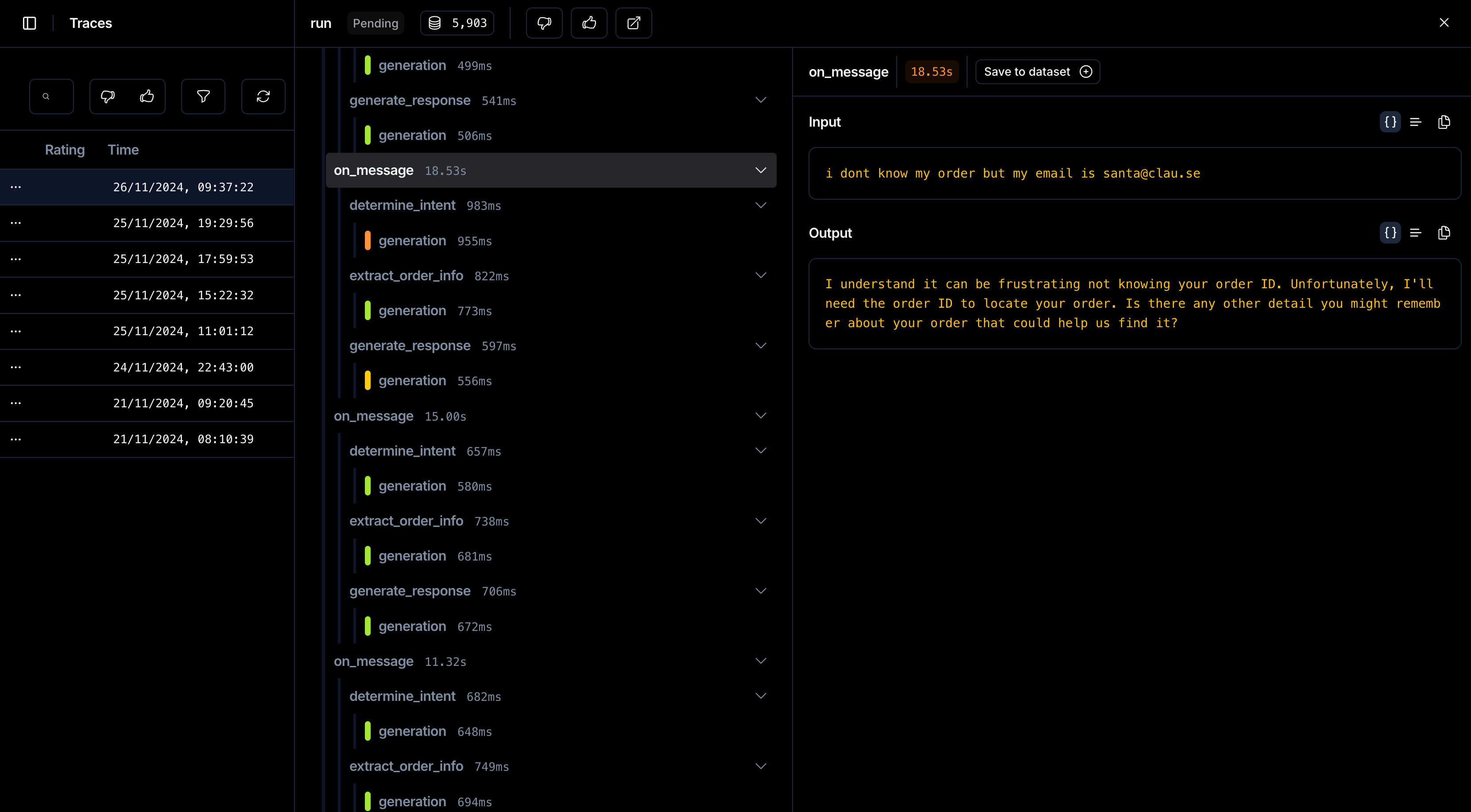 A trace of logs showing user interacting with chatbot