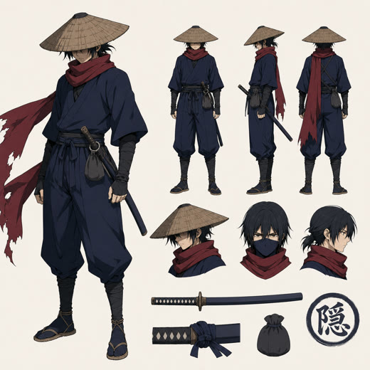 Reference image 2: an anime ninja in deep indigo with a crimson scarf and a straw kasa hat