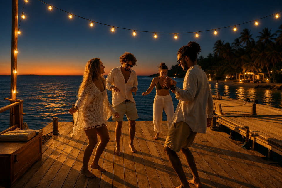 End frame: the same dancers on the same jetty at night, festoon bulbs lit and glowing