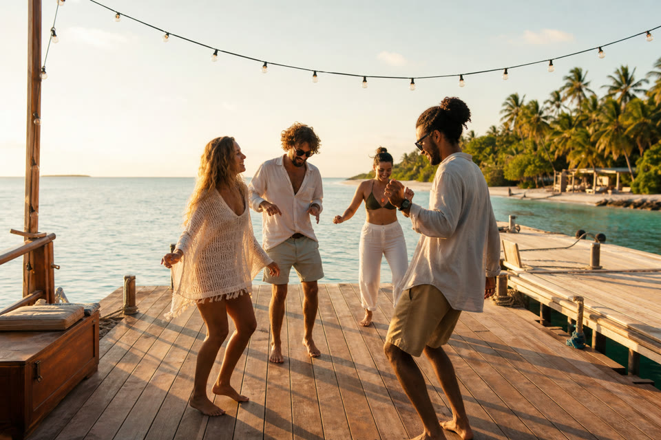 Start frame: friends dancing on a wooden jetty at golden hour, festoon bulbs unlit