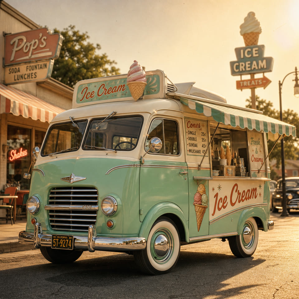 Reference image: a mint-green 1950s ice-cream van with a green-and-white striped awning, a soft-serve cone on the roof and red script lettering on the side