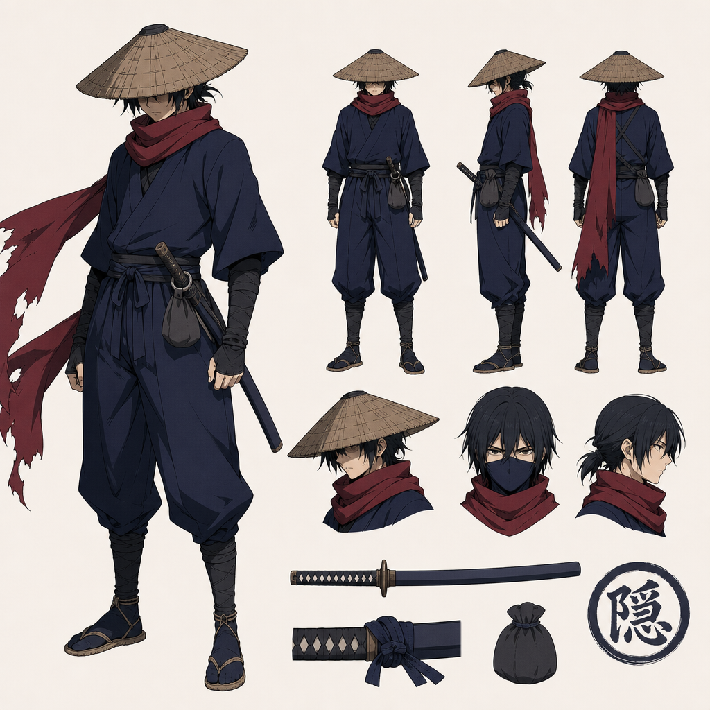 Anime key visual of a lean ninja in deep indigo garb with a crimson s…