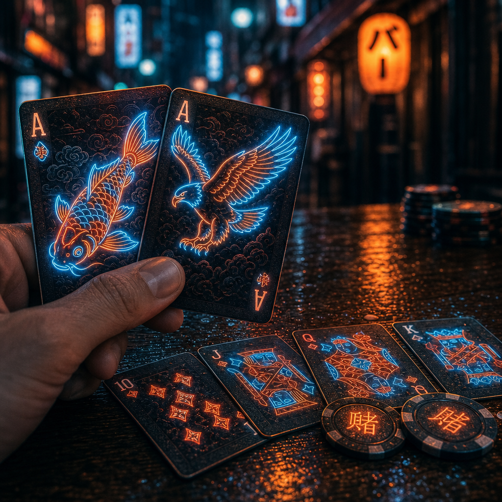 A closeup of a Poker hand, the cards are custom made cards. The playe…