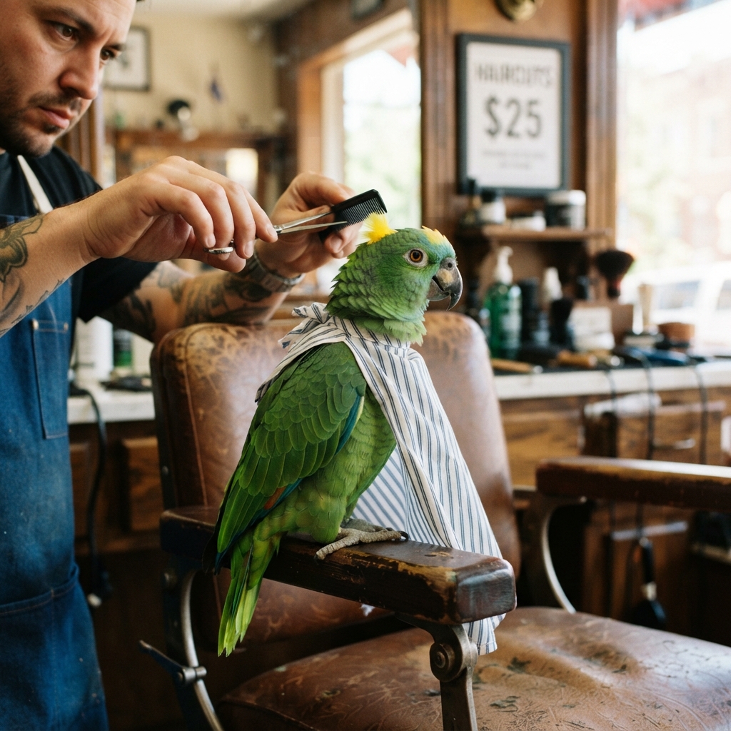 a closeup of a green parrot sitting in a chair at a barbershop about to get a haircut. Has a small patch of yellow feather at the top of their head