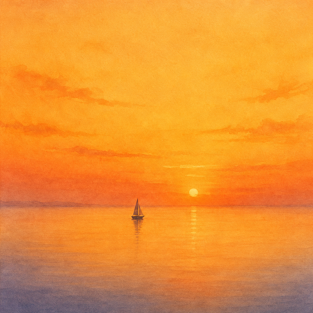 A tiny sailboat on a vast calm sea at sunset, minimalist, huge orange sky. Watercolor drawing