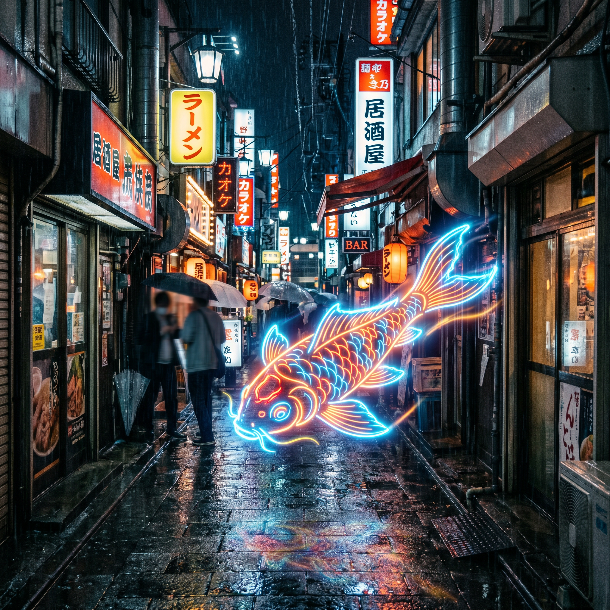 a neon ki fish swimming through a rainy Tokyo alley at night