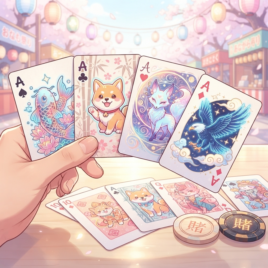 Show a spread of the 4 aces, create 2 other cool animals in the other cards. Change the style to some fun anime, And some light theme and colors