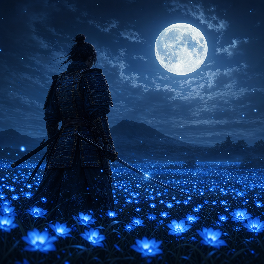 A samurai standing in a field of glowing blue flowers under a full moon