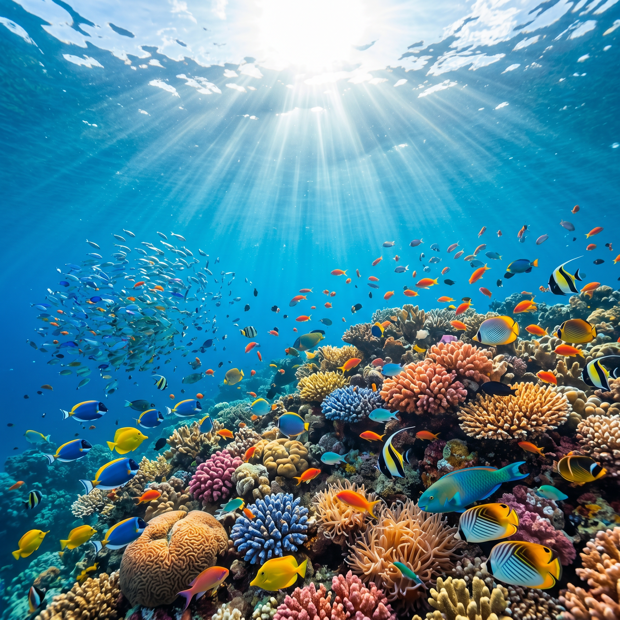A coral reef teeming with tropical fish, crystal clear water, sun rays from above