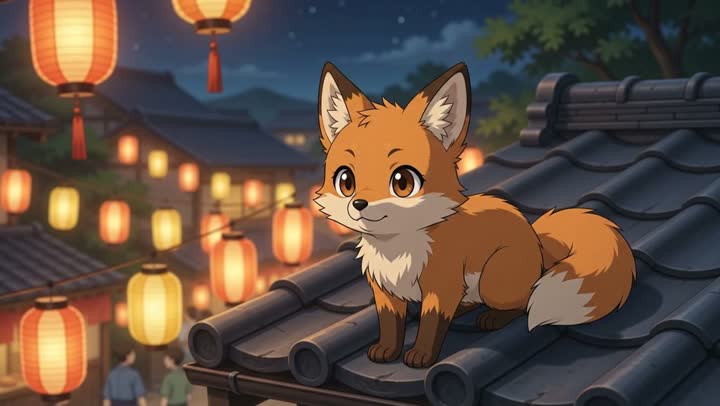 Anime short, warm cel-shaded style, summer festival at night.
Shot 1: Close on the fox cub (Image 1) perched on a tiled rooftop, ears twitching, paper lanterns glowing below, cicadas loud.
Shot 2: Wide shot — the ninja (Image 2) leaps between rooftops above a lantern-lit festival street, the fox cub running alongside, scarf streaming behind.
Shot 3: Both land on a ridge tile and turn to look up as a firework bursts over the festival, silhouetted against the light.
Audio: cicadas, distant taiko drums and festival crowd, the whistle and rolling boom of a firework.