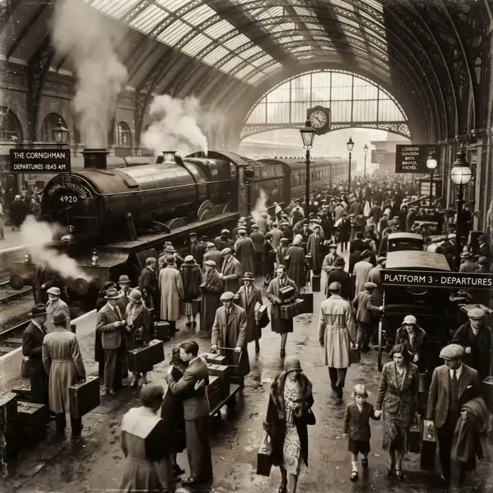 Wide, slow-panning shot of a historic European train station interior, bustling with travelers carrying vintage leather suitcases. A soft, hazy morning light streams through the towering iron-framed arched glass ceiling, illuminating swirling dust motes and highlighting a warm color palette of deep ambers, tarnished brass, and slate gray. In the center, a steam train hiss-vents white plumes as passengers board and walk briskly across the wet stone platform, which reflects the overhead lights. The audio captures the resonant, echoing din of a busy station, the rhythmic clack-clack of heavy train wheels, distant muffled announcements, and the low, collective murmur of a crowd.
