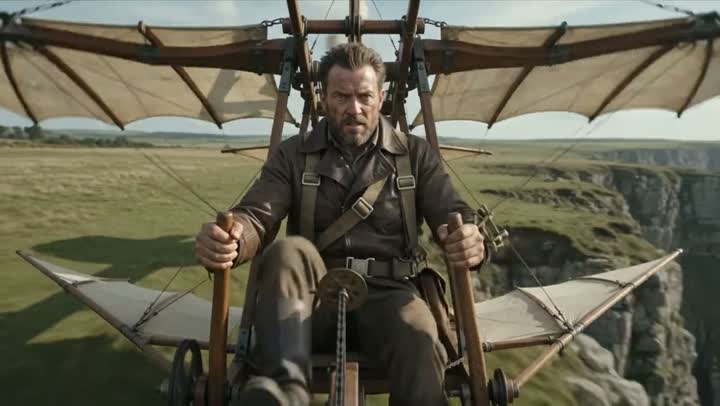 This video follows an inventor piloting an enormous human-powered ornithopter whose elegant wooden wings flap like those of a giant bird. Dressed in weathered explorer clothing with canvas straps and brass instruments, the pilot launches from a cliff overlooking dramatic coastal scenery. The wings flex naturally with each stroke while sunlight glows through the stretched linen fabric. The scene feels adventurous, grounded in historical engineering ambition, captured in a realistic cinematic style with sweeping aerial camera movements and vivid natural colors.