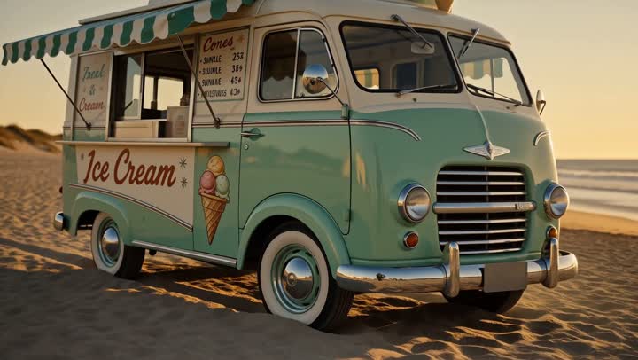 The mint-green ice-cream van from the reference is parked on the sand at the top of a beach in late afternoon light. The camera pulls back slowly and widens to reveal children running up from the shoreline toward the serving window, kicking up sand as they go. Warm golden-hour light, gentle sea breeze, long shadows. Audio: a traditional ice-cream van chime melody, children laughing and calling out, waves breaking and distant seagulls.