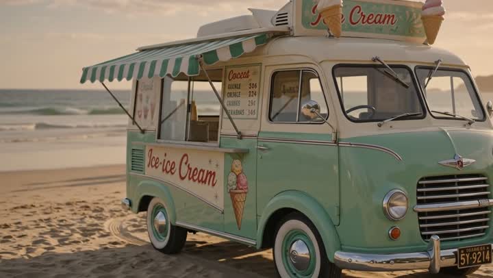 The mint-green ice-cream van from the reference is parked on the sand at the top of a beach in late afternoon light. The camera pulls back slowly and widens to reveal children running up from the shoreline toward the serving window, kicking up sand as they go. Warm golden-hour light, gentle sea breeze, long shadows. Audio: a traditional ice-cream van chime melody, children laughing and calling out, waves breaking and distant seagulls.