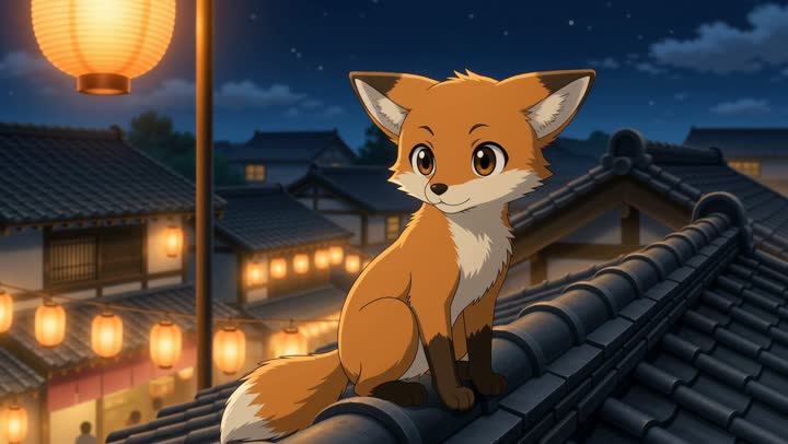 Anime short, warm cel-shaded style, summer festival at night.
Shot 1: Close on the fox cub (Image 1) perched on a tiled rooftop, ears twitching, paper lanterns glowing below, cicadas loud.
Shot 2: Wide shot — the ninja (Image 2) leaps between rooftops above a lantern-lit festival street, the fox cub running alongside, scarf streaming behind.
Shot 3: Both land on a ridge tile and turn to look up as a firework bursts over the festival, silhouetted against the light.
Audio: cicadas, distant taiko drums and festival crowd, the whistle and rolling boom of a firework.
