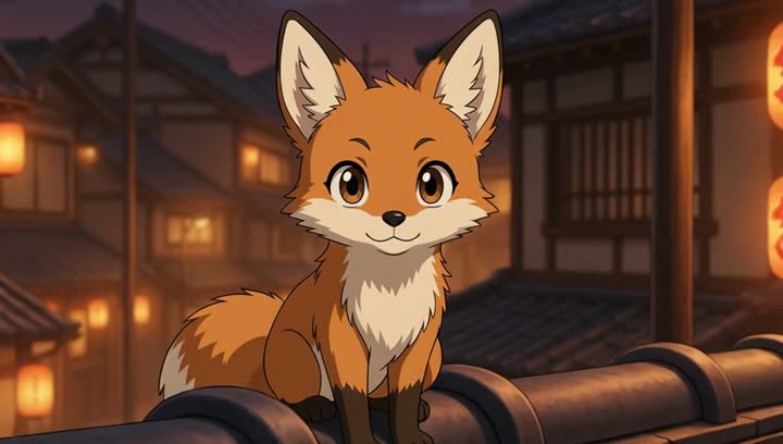 Anime short, warm cel-shaded style, summer festival at night.
Shot 1: Close on the fox cub (Image 1) perched on a tiled rooftop, ears twitching, paper lanterns glowing below, cicadas loud.
Shot 2: Wide shot — the ninja (Image 2) leaps between rooftops above a lantern-lit festival street, the fox cub running alongside, scarf streaming behind.
Shot 3: Both land on a ridge tile and turn to look up as a firework bursts over the festival, silhouetted against the light.
Audio: cicadas, distant taiko drums and festival crowd, the whistle and rolling boom of a firework.
