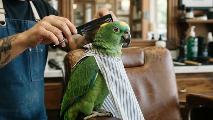 The camera turns a bit to see the parrot from the front and zooms in simultaneously.
The hairdresser combs the front hairs forward, to get the parrot a nice looking fringe, then cuts it straight. 
Background music typical of a barbershop and the sound of the scissors and combing, nothing more.