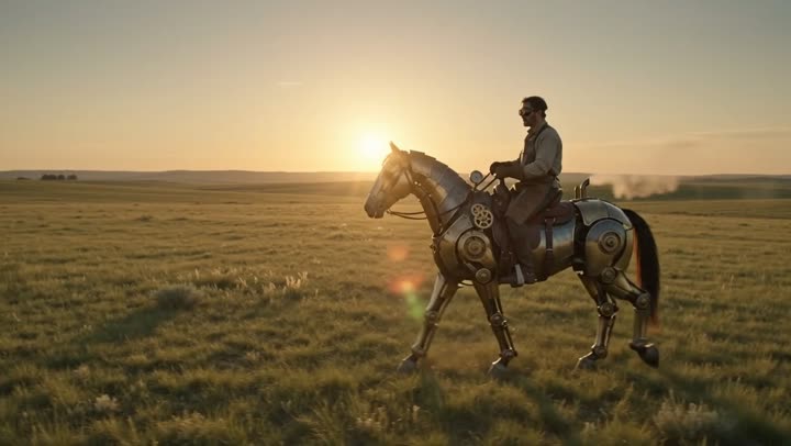This video captures an inventor in late 19th-century engineering attire riding a life-sized mechanical horse powered by intricate gears, pistons, and steam pressure. The brass-and-steel machine walks gracefully across a vast grassy plain at sunrise, releasing gentle bursts of steam with every step. The inventor, wearing a leather apron, gloves, and protective goggles, confidently operates levers mounted near the saddle. The atmosphere is filled with optimism and wonder, evoking the spirit of early industrial innovation. The visual style is highly realistic and cinematic, featuring warm golden lighting, rich earthy colors, subtle lens flares, and detailed metal craftsmanship.